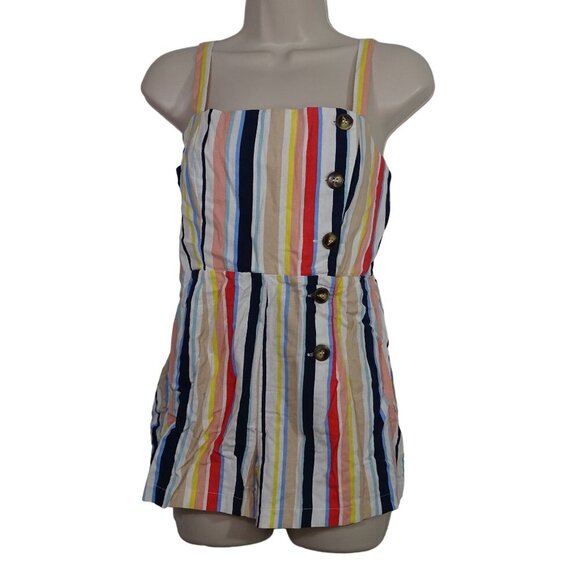 Forever 21 Sleeveless Multicolor Stripe Buttoned Romper Women Size M Rayon Linen - Picture 1 of 12
